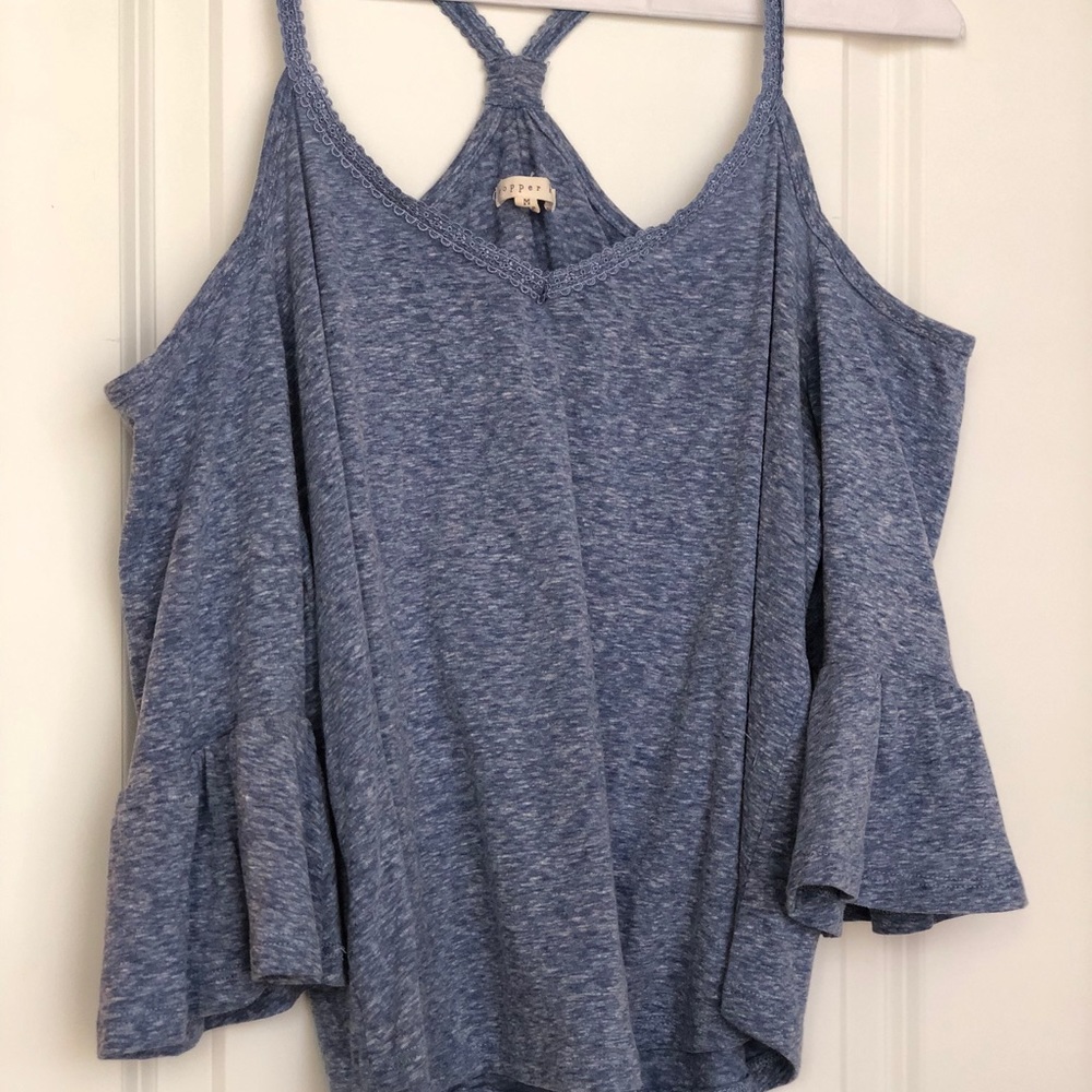 Blue cold shoulder T-shirt with ruffle sleeve